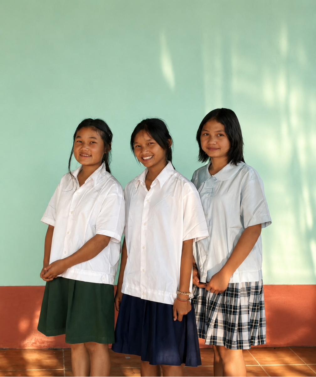 Three girls smiling together, the focal point of the Support page